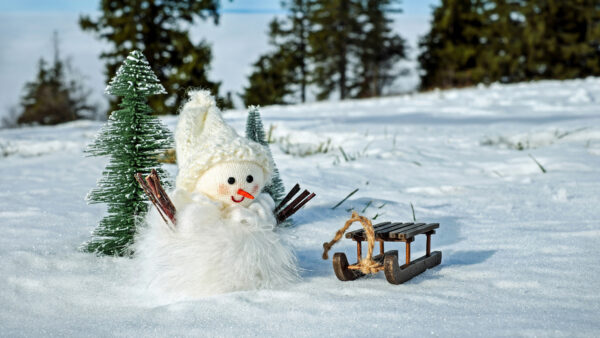 Wallpaper Snowman, Background, Desktop, Christmas, With, Sleigh, Snow, Toy, Tree, Forest