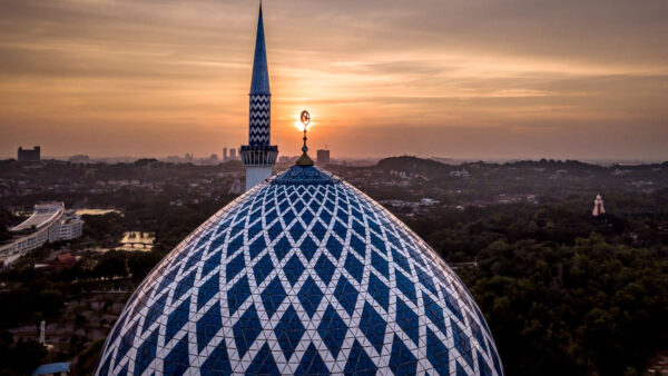 Wallpaper Mosque, Islamic, View, Top, High, Angle, Sky, Evening, During, Under, Time