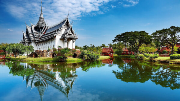 Wallpaper Under, White, Sky, Green, Beautiful, Plants, River, Clouds, Reflection, Blue, Pagoda, Bushes, Nature, Trees