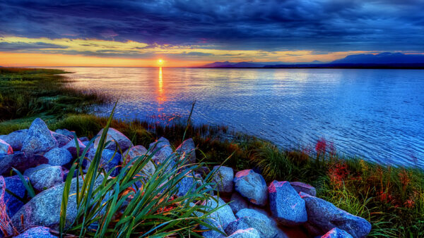 Wallpaper Nature, During, Under, Stones, Mountains, Lake, Grass, Landscape, Blue, Beautiful, Sky, Sunset, View