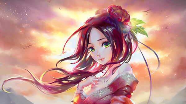 Wallpaper Anime, Girl, Green, Eyes, Kimono, Sword