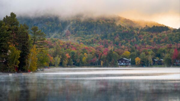 Wallpaper Reflection, With, Mobile, Colorful, Autumn, Wood, Forest, Desktop, Fog, Beautiful, Nature, House, Lake, Trees, Scenery, Mountains