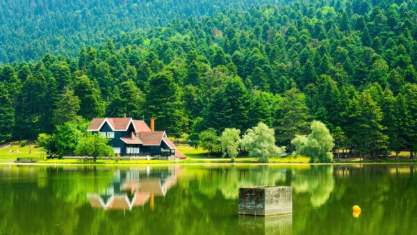 Wallpaper Lake, Background, Mountain, Trees, Desktop, View, Mobile, Forest, Reflection, House, Landscape, Nature