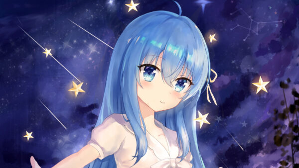 Wallpaper Sky, Eyes, Anime, Hair, Blue, Stars, Girl, Background