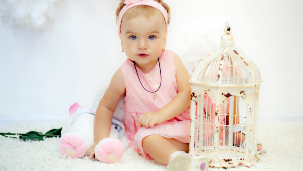 Wallpaper Girl, Blue, Eyes, Cage, Bird, Cute, Dress, Light, Pink, Wearing, Little, Sitting, Mobile, With, Desktop, Near