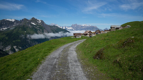 Wallpaper Nature, Under, Fog, Green, Between, Grass, Houses, Road, Sky, Landscape, Blue, Mountain, Field, View, With