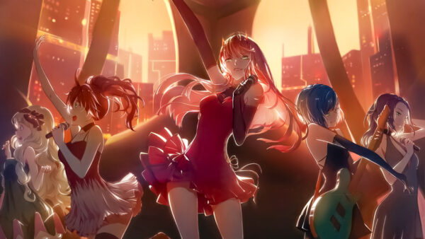 Wallpaper Zero, Having, Anime, Buildings, The, Dress, Red, Wearing, Two, Shallow, Darling, FranXX, Background, Mike, Dancing, With