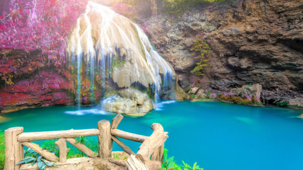 Wallpaper Waterfall, Desktop, Rocks, Beautiful, Mobile, Pink, Trees, Nature, Water, Blossom, Near, Around, Body, Brown, Thailand