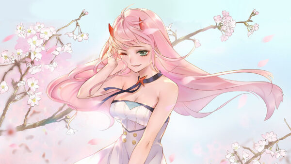 Wallpaper Two, Zero, Hair, Darling, Flowers, FranXX, Desktop, The, Background, Blue, Blur, And, Anime, Pink, With, Tree, Stem