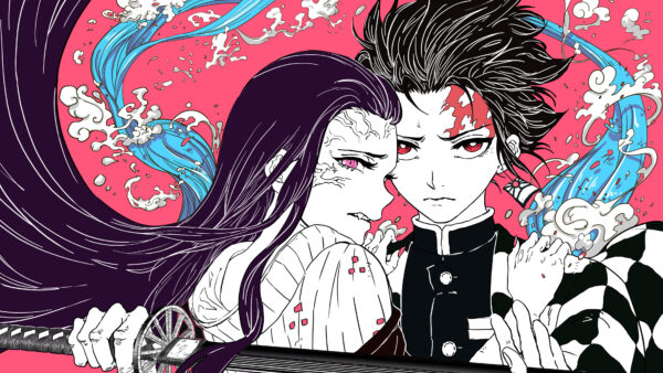 Wallpaper Tanjirou, Anime, Nezuko, Demon, With, And, Abstract, Desktop, Sword, Kamado, Red, Background, Eyes, Blue, Slayer