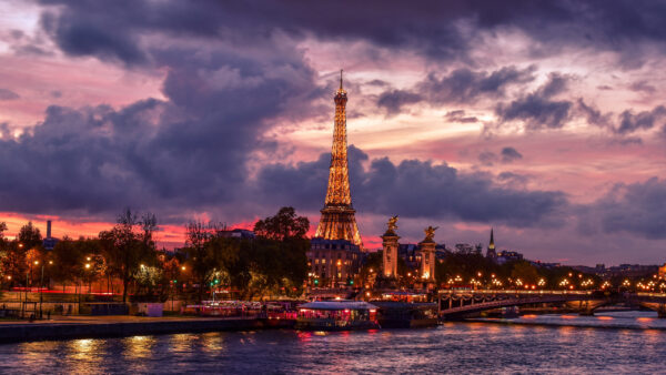Wallpaper With, Tower, Background, Evening, And, Paris, Eiffel, Travel, Clouds, Gray, Time, During, Lighting, Desktop, Purple, Yellow