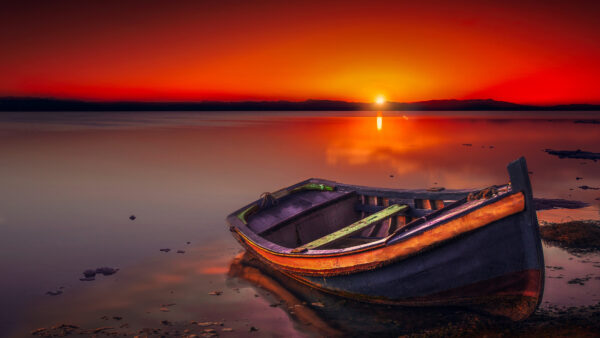 Wallpaper Afterglow, Calm, Sky, During, Lake, Boat, Horizon, Red, Mobile, Desktop, Sunset