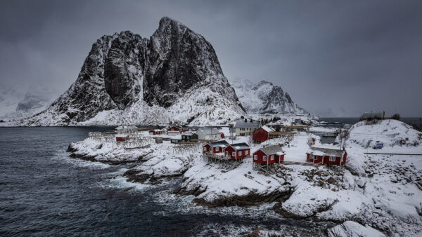 Wallpaper Covered, House, Lofoten, Winter, During, Mountain, Rock, Desktop, Travel, Bay, Norway