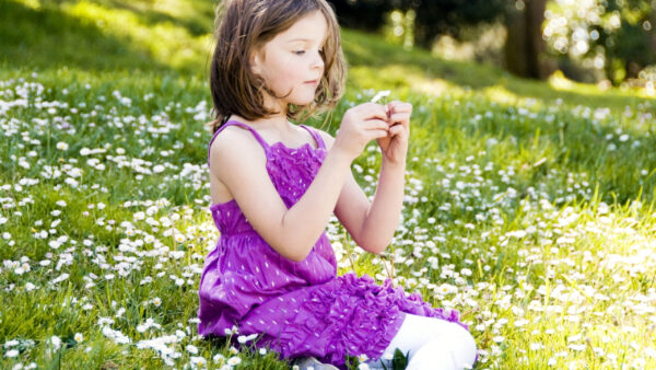 Wallpaper Sitting, Little, White, Girl, Flowers, Purple, Cute, Field, Desktop, Wearing, Dress