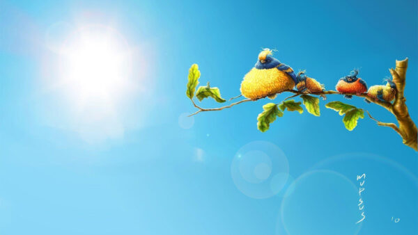 Wallpaper With, Blue, And, Background, Sky, Branch, Tree, Cartoon, Sun, Birds