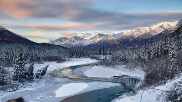 Wallpaper Sky, Winter, Clouds, Snow, Trees, Mountains, Water, Frozen, Blue, White, Covered