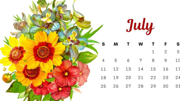 Wallpaper Calendar, White, Colorful, Background, 2021, July, Flowers