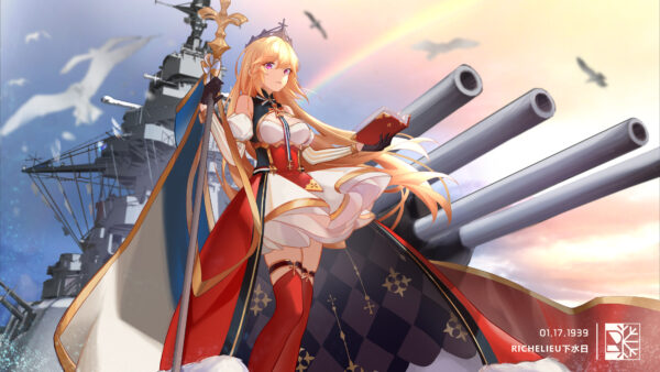 Wallpaper Background, Tank, Dress, Standing, With, Girl, Red, War, White, Blonde, Anime