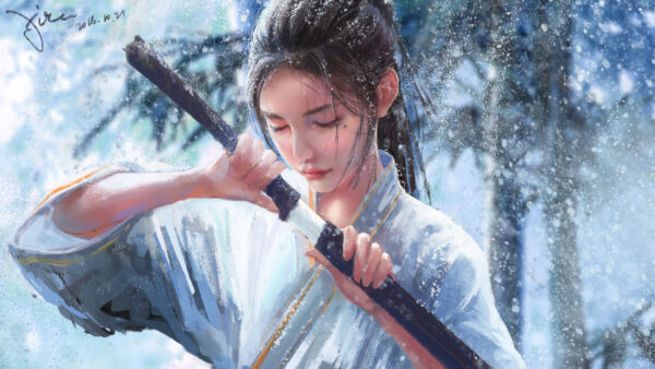 Wallpaper Woman, Warrior, Snowflake, Samurai, Girl, Snowfall