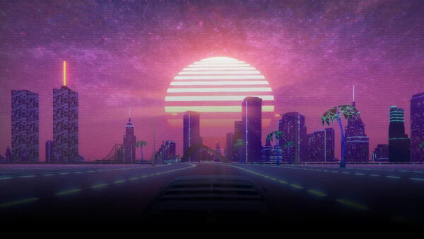 Wallpaper Moon, Background, Desktop, Buildings, Vaporwave