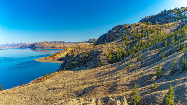 Wallpaper Nature, Sky, Hills, Slope, Blue, Rocks, Under, Coast, Trees, Mobile, Sea, Desktop, Sand