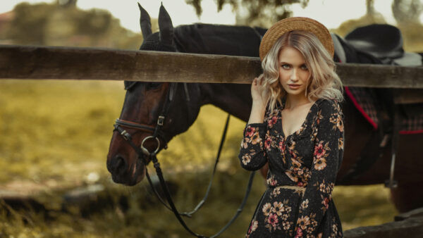 Wallpaper Blonde, Model, Desktop, Hair, Hat, Background, Wearing, Dress, And, Horse, Flowers, With, Black, Girl