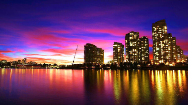 Wallpaper Under, And, Lights, Purple, Blue, Buildings, Sky, During, Lake, Sunset, Desktop, With