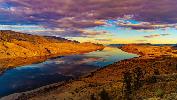 Wallpaper Green, Clouds, Blue, Between, Sand, White, Slope, Rock, Nature, Desktop, Trees, River, Mountains, Sky, Under, Mobile