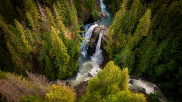 Wallpaper Rocks, View, Waterfall, Nature, Stream, Autumn, Forest, Desktop, Fall, Mobile, Green, Trees, Aerial