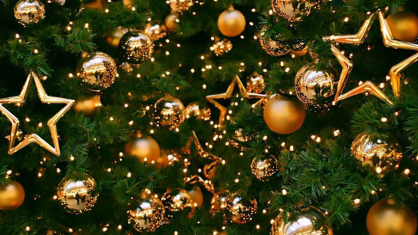 Wallpaper Desktop, Golden, Tree, With, Christmas, And, Stars, Balls