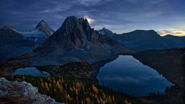 Wallpaper View, Nighttime, During, Blue, Sky, Mountains, Landscape, Trees, Autumn, Rock, Yellow, Lake, Under, Nature, Green