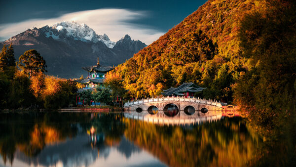 Wallpaper China, Mountains, Travel, Scenery, Trees, Pagoda, Lake, Autumn, Reflection