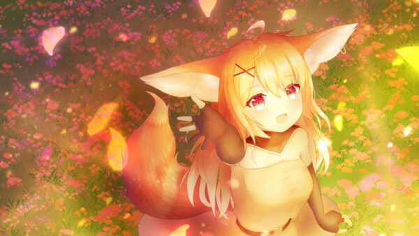 Wallpaper Girl, Yellow, Ears, Hair, Colorful, Flowers, Background, Anime