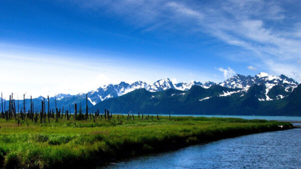 Wallpaper Bing, View, Covered, Grass, Green, Mountains, Field, Landscape, Under, Sky, Blue, Snow, And, River