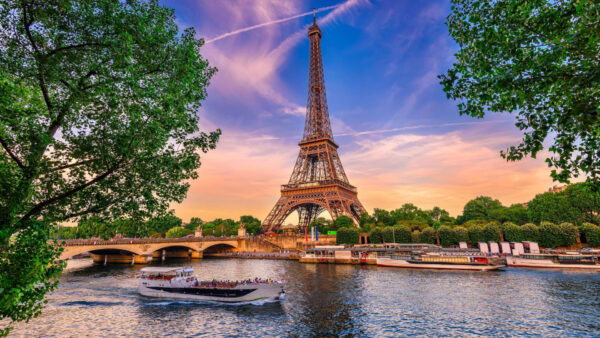 Wallpaper Trees, Front, Blue, Sides, Clouds, Sky, Paris, Lake, Travel, Eiffel, Desktop, Background, With, Boats, Purple, Tower, And