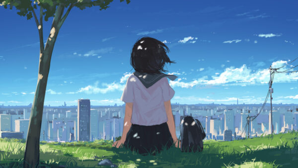 Wallpaper Uniform, School, Buildings, View, Girl, Anime, Grass, City