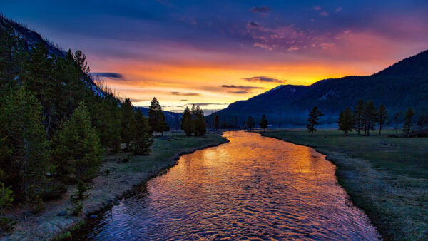 Wallpaper Grass, Twilight, Mountains, Dusk, Sunset, Field, Background, Nature, River, Sky, Green