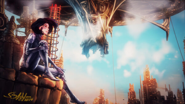 Wallpaper Movies, And, Buildings, Sitting, Desktop, Blue, Battle, Sky, Side, Alita, Clouds, With, Background, Angel