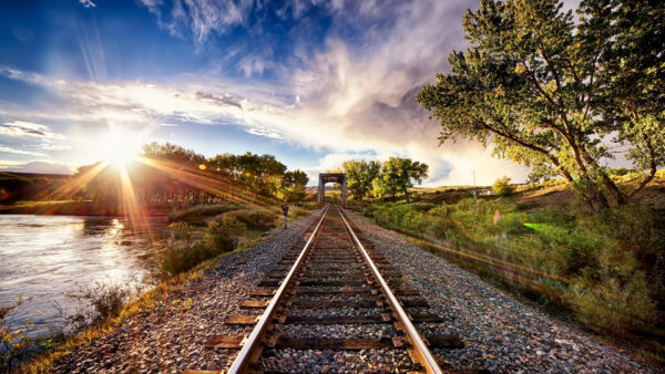 Wallpaper Sunrays, And, Railroad, Water, Plants, Green, Trees, Background, Nature, Between