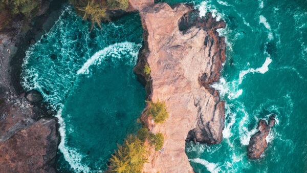 Wallpaper Rock, Green, Trees, Nature, Path, Aerial, Stones, Ocean, View