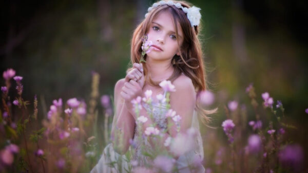 Wallpaper Wearing, With, Flower, Little, Field, Girl, Blur, Flowers, Sitting, Cute, Colorful, Dress, White, Background