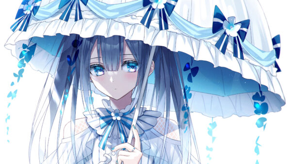 Wallpaper Anime, Girl, White, Umbrella, Blue, Under, Wearing, Dress, Eyes