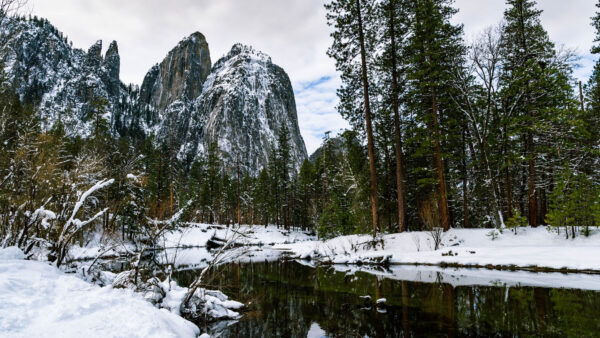Wallpaper Under, Blue, Trees, Sky, White, Reflection, Snow, Mobile, Frozen, Clouds, River, Rock, With, Winter, Water, Desktop