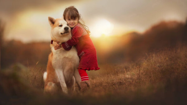 Wallpaper Dog, Dress, Desktop, Cute, Red, Hugging, Little, Girl, Background, Sunset, Wearing
