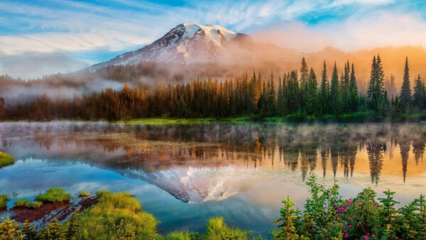 Wallpaper River, Mountain, Blue, Nature, With, Fog, Landscape, And, Forest, Reflection, White, Sky, Covered, View, Under, Snow