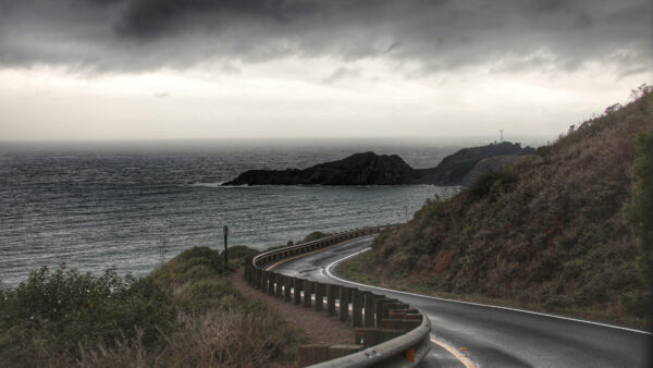 Wallpaper Turn, Slope, Black, Desktop, Sky, Fence, Rock, Road, Ocean, Nature, Grass, Mobile, Clouds, Green, Mountains, White