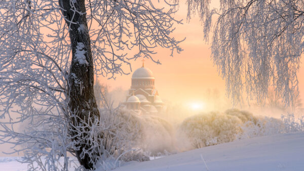 Wallpaper Covered, Travel, Field, Church, Snow, Landscape, Fog, View, Desktop