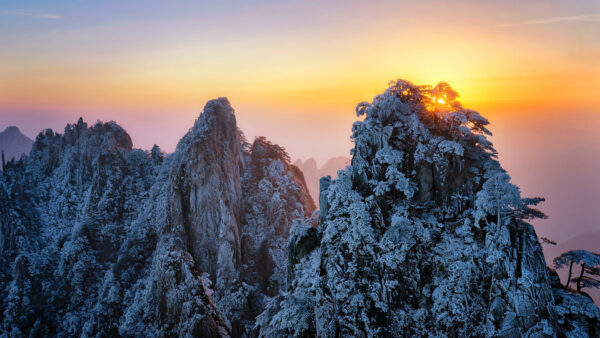 Wallpaper Desktop, Nature, Sunset, With, Snow, Mountain, Rock, During