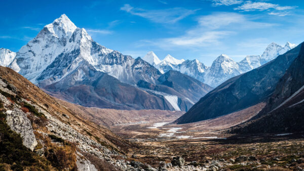 Wallpaper Slope, Mountains, Desktop, Blue, Bushes, Sky, Covered, Mobile, Under, Rocks, Snow, Nature