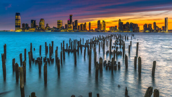 Wallpaper Clouds, Blue, Cityscape, Poles, During, Desktop, Sky, White, Ocean, Pier, Sunset, Under, Lights, Nature